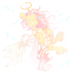 Size: 1280x1280 | Tagged: dead source, safe, artist:onionpwder, derpibooru import, fluttershy, pegasus, pony, clothes, cloud, cross, cross necklace, dress, eyes closed, halo, jewelry, necklace, open mouth, solo