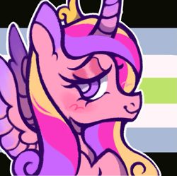 Size: 809x805 | Tagged: safe, artist:onionpwder, derpibooru import, princess cadance, pony, agender, agender pride flag, curved horn, horn, icon, mouthpiece, pride, pride flag, smiling, spread wings, wings