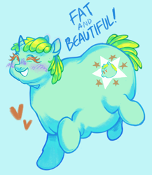 Size: 1046x1206 | Tagged: safe, artist:onionpwder, derpibooru import, whoa nelly, pony, unicorn, blue background, eyes closed, fat, floating heart, grin, heart, positive message, simple background, smiling, solo