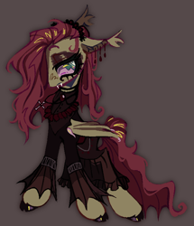 Size: 632x735 | Tagged: safe, artist:onionpwder, derpibooru import, fluttershy, bat pony, pony, bat ponified, choker, clothes, colored hooves, cross, cross necklace, dress, ear piercing, ear tufts, earring, eyeshadow, fangs, flutterbat, goth, gothic, jewelry, makeup, necklace, piercing, race swap, simple background, solo