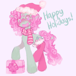 Size: 1066x1066 | Tagged: safe, artist:onionpwder, derpibooru import, minty, pony, g3, christmas, clothes, happy holidays, hat, holiday, pink background, present, santa hat, scarf, simple background, socks, solo