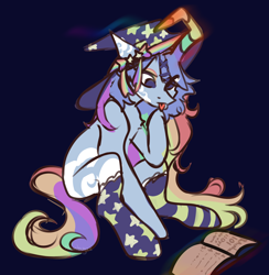 Size: 2048x2102 | Tagged: safe, artist:neonbugzz, derpibooru import, oc, oc only, pony, unicorn, blue background, book, clothes, hat, magic, mismatched socks, simple background, socks, solo, striped socks, tongue, tongue out, witch hat