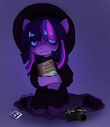 Size: 1024x1178 | Tagged: safe, artist:onionpwder, derpibooru import, twilight sparkle, anthro, beetlejuice, book, camera, clothes, dress, female, gothic, hat, purple background, simple background, solo