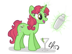 Size: 405x307 | Tagged: safe, artist:candy-janney, derpibooru import, oc, oc only, oc:teehee, object pony, original species, pony, unicorn, 2011, alcohol, alcohol pony, apple slice, appletini (drink), artifact, colored, drink pony, female, glass, horn, magic, magic aura, mare, micro, shadow, shaker, signature, simple background, sketch, solo, unicorn oc, white background, wine glass
