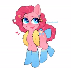 Size: 2029x2029 | Tagged: safe, artist:onionpwder, derpibooru import, pinkie pie, earth pony, pony, :p, alternate hairstyle, bow, clothes, ear piercing, earring, heart, jewelry, piercing, redesign, simple background, socks, solo, tail, tail bow, tongue, tongue out, white background