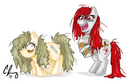 Size: 591x378 | Tagged: safe, artist:candy-janney, derpibooru import, oc, oc only, oc:methy, oc:stabby, earth pony, pony, 2011, addiction, artifact, bags under eyes, bondage, colored, duo, duo female, earth pony oc, female, messy mane, shadow, signature, simple background, straitjacket, white background