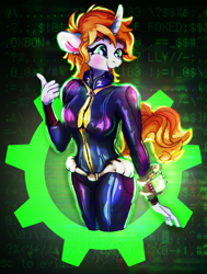 Size: 2500x3300 | Tagged: safe, artist:br0via, derpibooru import, oc, oc:littlepip, anthro, fallout equestria, clothes, female, form fitting, jumpsuit, solo, vault suit