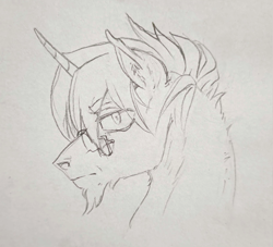 Size: 1984x1798 | Tagged: safe, artist:saby, derpibooru exclusive, derpibooru import, oc, oc only, oc:windwatcher, pony, unicorn, black and white, bust, ear fluff, ears, facial hair, flared nostrils, glasses, goatee, grayscale, looking at you, male, monochrome, pencil drawing, serious, shrunken pupils, side view, simple background, solo, stallion, traditional art, white background