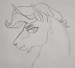 Size: 1984x1798 | Tagged: safe, artist:saby, derpibooru exclusive, derpibooru import, oc, oc only, oc:fritillary, pony, unicorn, black and white, bust, facial hair, flared nostrils, goatee, grayscale, looking at you, male, monochrome, pencil drawing, shrunken pupils, side view, simple background, smiling, smirk, solo, stallion, traditional art, wavy mane, white background