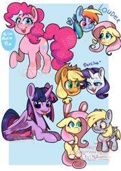 Size: 2894x4093 | Tagged: safe, artist:sh1ann, derpibooru import, applejack, derpy hooves, fluttershy, pinkie pie, rainbow dash, rarity, twilight sparkle, twilight sparkle (alicorn), alicorn, earth pony, pegasus, pony, :p, bunny ears, bust, female, floating wings, mane six, mare, smiling, tongue, tongue out, wings