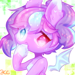 Size: 2000x2000 | Tagged: safe, artist:prettyshinegp, derpibooru import, oc, oc only, bat pony, pony, abstract background, bat pony oc, bust, chibi, female, floating wings, heterochromia, mare, solo, thinking, wings