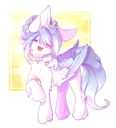 Size: 1993x2209 | Tagged: safe, artist:prettyshinegp, derpibooru import, oc, oc only, oc:stardust, pegasus, pony, abstract background, collar, eyes closed, open mouth, pegasus oc, raised hoof, raised leg, smiling, solo