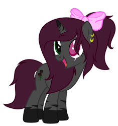 Size: 2245x2385 | Tagged: safe, artist:angellightyt, derpibooru import, oc, oc only, pony, unicorn, base used, bow, coat markings, ear piercing, earring, eye scar, facial scar, female, hair bow, heterochromia, horn, jewelry, mare, open mouth, piercing, scar, simple background, smiling, socks (coat marking), solo, transparent background, unicorn oc