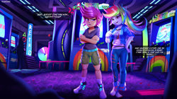 Size: 3887x2182 | Tagged: safe, artist:ichimoral, derpibooru import, rainbow dash, scootaloo, pony, equestria girls, arcade, arcade cabinet, arcade game, caption, clothes, commission, converse, crossed arms, dash fighter vi, dialogue, duo, duo female, english, female, high res, hoodie, indoors, pants, shirt, shoes, shorts, text, tomboy, winner