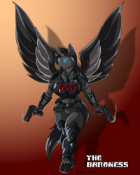 Size: 1000x1250 | Tagged: safe, artist:quicktron, derpibooru import, alicorn, anthro, pony, unguligrade anthro, anthrofied, baroness, body armor, breasts, dual wield, female, g.i. joe, glasses, gun, handgun, pistol, ponified, simple background, smiling, solo, species swap, spread wings, weapon, wings