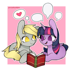 Size: 1000x1000 | Tagged: safe, artist:onionpwder, derpibooru import, derpy hooves, twilight sparkle, twilight sparkle (alicorn), alicorn, pegasus, pony, g4, book, crack shipping, cute, derpabetes, female, folded wings, heart, horn, lesbian, lying down, mare, no pupils, open mouth, open smile, passepartout, prone, reading, shipping, signature, smiling, speech bubble, tail, talking, thought bubble, twerpy, twiabetes, wings
