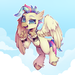 Size: 1500x1500 | Tagged: safe, artist:onionpwder, derpibooru import, terramar, classical hippogriff, hippogriff, pony, alternate hair color, bracelet, cloud, cute, dyed mane, ear piercing, earring, eyebrows, female, flying, jewelry, lgbt headcanon, male, necklace, older, older terramar, open mouth, piercing, pride, pride flag, raised eyebrow, sky, solo, trans female, trans male, transgender, transgender pride flag, wristband