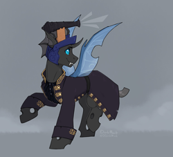 Size: 2538x2300 | Tagged: safe, artist:dorkmark, derpibooru import, oc, oc only, oc:captain black lotus, changeling, pony, cannon, clothes, headcannon, pirate, pirate costume, solo