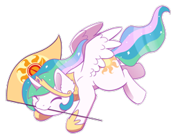 Size: 2763x2203 | Tagged: safe, artist:backgroundpony#f352, derpibooru import, princess celestia, alicorn, pony, clothes, commission, crown, cute, cutelestia, description is relevant, eyes closed, female, flag, full body, horn, jewelry, jumping, mare, mouth hold, regalia, shoes, signature, simple background, solar empire, solo, spread wings, transparent background, wings, ych example, your character here