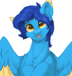 Size: 2232x2362 | Tagged: safe, artist:dorkmark, derpibooru import, oc, oc only, oc:helmie, pegasus, pony, chest fluff, ear fluff, ears, simple background, smiling, solo, tongue, tongue out, white background, wings