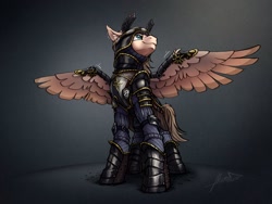 Size: 2048x1536 | Tagged: safe, artist:helmie-art, derpibooru import, oc, oc:dima, pegasus, pony, armor, cavalier, crossover, female, guard, helmet, nilfgaard, simple background, soldier, solo, the witcher, the witcher 3, wings, witcher