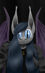 Size: 791x1280 | Tagged: safe, artist:darkhestur, derpibooru import, oc, oc:dark, anthro, bat pony, anthro oc, bat pony oc, black background, clothes, fangs, jacket, jewelry, leather, leather jacket, looking at you, pendant, selfie, simple background, smiling