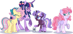 Size: 1280x594 | Tagged: safe, artist:zemmalouz, derpibooru import, fluttershy, twilight sparkle, twilight sparkle (alicorn), oc, oc:dappled light, oc:serene lullaby, alicorn, pegasus, pony, spider, star spider, base used, family, female, glasses, lesbian, magical lesbian spawn, mare, offspring, older, older fluttershy, older twilight, parent:fluttershy, parent:twilight sparkle, parents:twishy, shipping, simple background, transparent background, twishy, ultimate twilight