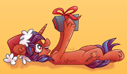 Size: 2100x1222 | Tagged: safe, artist:sadi, derpibooru import, oc, oc only, pegasus, pony, christmas, hat, holiday, lying down, on back, orange background, present, santa hat, simple background, solo