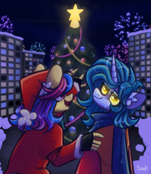 Size: 1878x2160 | Tagged: safe, artist:sadi, derpibooru import, oc, oc only, anthro, earth pony, unicorn, building, christmas, christmas tree, clothes, duo, holiday, scarf, snow, tree