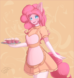 Size: 1877x1974 | Tagged: safe, alternate version, artist:shippotsun, derpibooru import, pinkie pie, human, apron, breasts, choker, clothes, cupcake, eared humanization, female, food, gloves, humanized, long gloves, open mouth, open smile, small breasts, smiling, solo, stockings, tail, tailed humanization, thigh highs, waitress