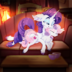 Size: 2500x2500 | Tagged: safe, artist:rurihal, derpibooru import, rarity, sweetie belle, pony, unicorn, belle sisters, chest fluff, cup, duo, duo female, ear fluff, ears, eyes closed, female, filly, fluffy, foal, indoors, mare, one eye closed, siblings, sisters, smiling, snuggling, sofa, table, unshorn fetlocks