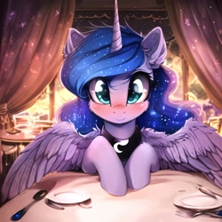 Size: 2560x2560 | Tagged: safe, ai content, derpibooru import, generator:novelai, generator:stable diffusion, machine learning generated, princess luna, alicorn, pony, blushing, cute, date, female, high res, horn, indoors, jewelry, looking at you, mare, offscreen character, pov, prompter:endless--, regalia, restaurant, sitting, smiling, smiling at you, solo, spread wings, table, wings