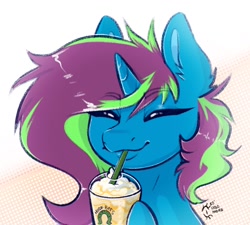 Size: 1298x1170 | Tagged: safe, artist:holomouse, derpibooru import, oc, oc only, unicorn, drinking, female, horn, simple background, solo, straw, unicorn oc, white background