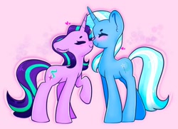 Size: 2048x1486 | Tagged: safe, artist:indigohatetrain, derpibooru import, starlight glimmer, trixie, pony, unicorn, blushing, boop, cute, duo, eyes closed, female, lesbian, noseboop, shipping, startrix