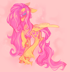 Size: 970x992 | Tagged: safe, artist:onionpwder, derpibooru import, fluttershy, pegasus, pony, blushing, cloven hooves, hair over one eye, pink background, raised hoof, raised leg, simple background, solo, unshorn fetlocks