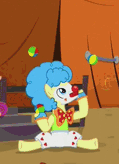 Size: 119x164 | Tagged: safe, derpibooru import, screencap, earth pony, pony, appleoosa's most wanted, season 5, afro, appleloosa resident, background character, background pony, bowtie, butt, clothes, clown, clown makeup, clown nose, juggling, makeup, male, pants, picture for breezies, red nose, rodeo clown, stallion, topspin