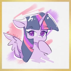 Size: 960x960 | Tagged: safe, artist:lendftcn, derpibooru import, twilight sparkle, twilight sparkle (alicorn), alicorn, pony, bust, ears, eyebrows, eyebrows visible through hair, floppy ears, hoof on chin, one wing out, solo, wings