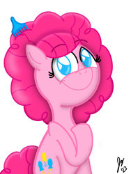 Size: 1620x2160 | Tagged: safe, artist:jesslmc16, derpibooru import, pinkie pie, earth pony, pony, afro, alternate hairstyle, comb, cutie mark, digital art, digital drawing, female, hairstyle, looking at you, mare, simple background, sitting, smiling, smiling at you, solo, toy, white background