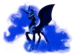 Size: 1990x1470 | Tagged: safe, artist:brisineo, derpibooru import, nightmare moon, alicorn, pony, armor, concave belly, ethereal mane, ethereal tail, fangs, female, glowing mane, helmet, hoof shoes, lidded eyes, long mane, long tail, looking at you, mare, peytral, princess shoes, raised hoof, raised leg, simple background, slim, slit eyes, smiling, solo, spread wings, standing, starry mane, starry tail, tail, thin, three quarter view, transparent background, wings