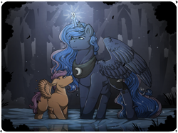 Size: 1280x960 | Tagged: safe, artist:binibean, derpibooru import, princess luna, scootaloo, alicorn, pegasus, pony, sleepless in ponyville, blank flank, duo, female, filly, foal, forest, glowing, glowing horn, height difference, horn, legs in the water, looking up, mare, partially open wings, partially submerged, smiling, spread wings, wings