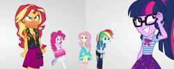 Size: 1416x563 | Tagged: safe, derpibooru import, edit, edited screencap, editor:incredibubbleirishguy, screencap, fluttershy, pinkie pie, rainbow dash, sci-twi, sunset shimmer, twilight sparkle, better together, equestria girls, rollercoaster of friendship, annoyed, clothes, composite screencap, embarrassed, embarrassed grin, fluttershy boho dress, panorama, rageset shimmer, rah rah skirt, red face, skirt, white room