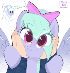 Size: 1052x1102 | Tagged: safe, artist:aceslingerexo, derpibooru import, cloudchaser, flitter, human, pegasus, pony, blushing, bow, cute, eyebrows, eyebrows visible through hair, female, flitterbetes, hair bow, human male, human on pony petting, human pov, looking at you, male, male pov, mare, offscreen character, offscreen male, petting, pov, smiling, smiling at you, squishy cheeks