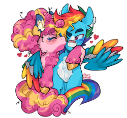 Size: 1280x1191 | Tagged: safe, artist:jiang-she, derpibooru import, pinkie pie, rainbow dash, earth pony, pegasus, pony, alternate design, bandaid, bandaid on nose, coat markings, colored wings, duo, female, heart, hug, kiss on the cheek, kissing, lesbian, multicolored wings, pinkiedash, rainbow wings, shipping, simple background, white background, winghug, wings
