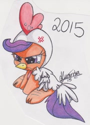 Size: 1001x1389 | Tagged: safe, artist:rhythm-is-best-pony, derpibooru import, scootaloo, pegasus, pony, animal costume, chicken suit, clothes, costume, cross-popping veins, emanata, scootachicken, scootaloo is not amused, solo, traditional art, unamused