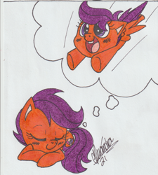 Size: 1445x1604 | Tagged: safe, artist:rhythm-is-best-pony, derpibooru import, scootaloo, pegasus, pony, cute, cutealoo, dream, flying, open mouth, open smile, sleeping, smiling, solo, thought bubble, traditional art
