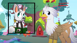 Size: 1280x720 | Tagged: safe, artist:mlp-silver-quill, derpibooru import, fluttershy, oc, oc:dr. wolf, oc:silver quill, hippogriff, wolf, after the fact, after the fact:testing testing 1 2 3, book, clothes, cropped layer, golden oaks library, inset, ponyville, suit