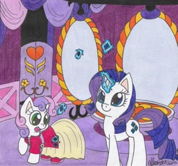 Size: 1230x1147 | Tagged: safe, artist:rhythm-is-best-pony, derpibooru import, rarity, sweetie belle, pony, unicorn, carousel boutique, clothes, duo, gem, magic, smiling, telekinesis, traditional art