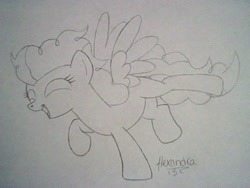 Size: 640x480 | Tagged: safe, artist:rhythm-is-best-pony, derpibooru import, high winds, pegasus, pony, ^^, eyes closed, lineart, monochrome, old art, open mouth, open smile, smiling, solo, spread wings, traditional art, wings