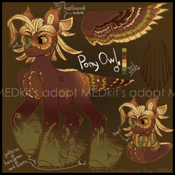 Size: 2500x2500 | Tagged: safe, artist:medkit, derpibooru import, oc, oc only, bird, hybrid, original species, owl, pegasus, pony, accessory, adoptable, auction, auction open, big eyes, chest fluff, clothes, colored hooves, colored pupils, colored sketch, colored wings, colored wingtips, ears up, eyebrows, feather, feathered mane, feathered tail, feathered tassels, feathered wings, fern, folded wings, gradient background, gradient hooves, gradient mane, gradient wings, grass, hoof fluff, horseshoes, leaves, male, multicolored coat, multicolored mane, pattern, pegasus oc, ponytail, raised hoof, raised leg, reference sheet, scarf, shell, short mane, sketch, solo, spread wings, stallion, standing, tail, tassels, thick eyebrows, wings