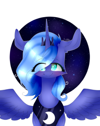 Size: 4000x5000 | Tagged: safe, artist:mynameislele, derpibooru import, princess luna, alicorn, pony, absurd resolution, circle background, ear cleavage, eye clipping through hair, heart, heart eyes, solo, wingding eyes